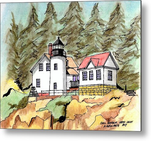 Drawings By Paul Meinerth Metal Print featuring the drawing Bass Harbor Head Light by Paul Meinerth