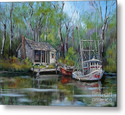 Louisiana Bayou Camp Metal Print featuring the painting Bayou Shrimper by Dianne Parks