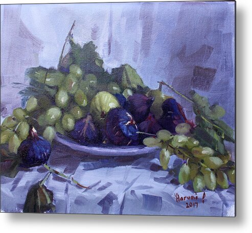 Black Figs Metal Print featuring the painting Black Figs and Grape by Ylli Haruni