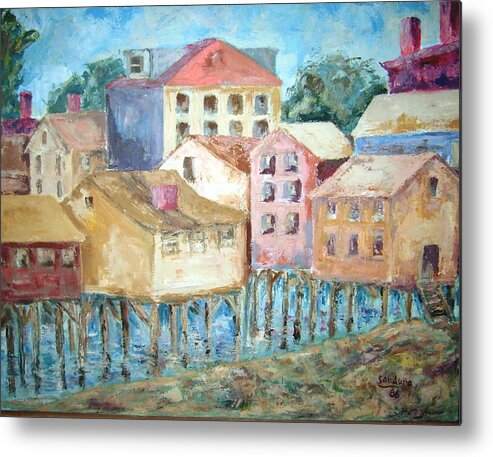 Landscape Bldgs Water Metal Print featuring the painting Bldgs In Boothbay Harbor by Joseph Sandora Jr
