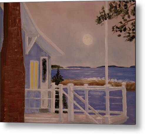 Moon Blood Sound Ocean House Metal Print featuring the painting Blood Moon Over Muscongus Sound by Scott W White