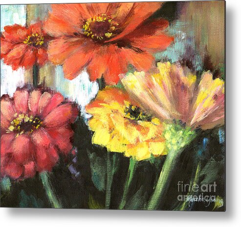 Zinnias Metal Print featuring the painting Blooming Zinnias by Marsha Young