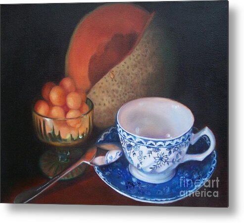 Still Life Metal Print featuring the painting Blue and White Teacup and Melon by Marlene Book