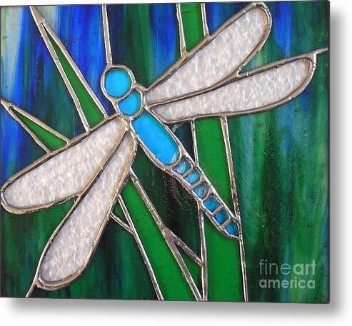 Dragonfly Metal Print featuring the glass art Blue dragonfly on reeds with bluey green background by Karen Jane Jones