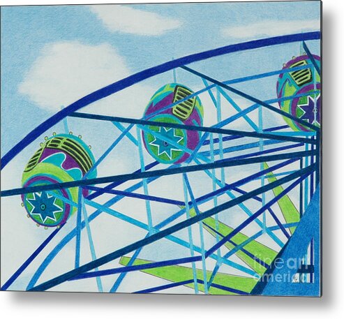 Ferris Wheel Metal Print featuring the drawing Blue Ferris Wheel by Glenda Zuckerman