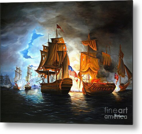 Naval Battle Metal Print featuring the painting Bonhomme Richard engaging The Serapis in Battle by Paul Walsh