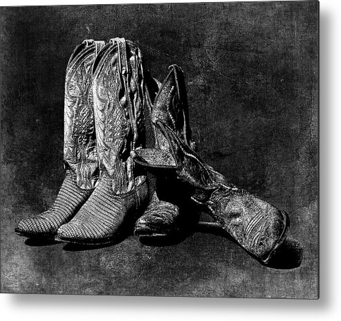 Cowboy Boots Metal Print featuring the photograph Boot Friends - Art BW by Lesa Fine
