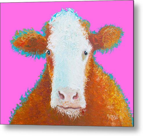 Cow Metal Print featuring the painting Brown Hereford on pink by Jan Matson
