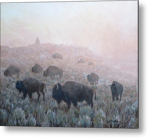 Western Art Metal Print featuring the painting Buffalo in Yellowstone Fog by Scott Robertson