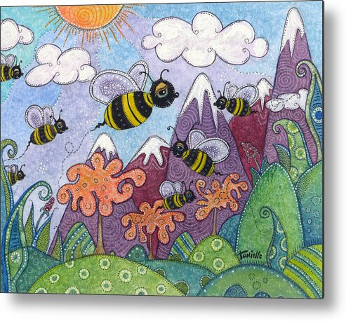 Whimsical Landscape Metal Print featuring the painting Bumble Bee Buzz by Tanielle Childers