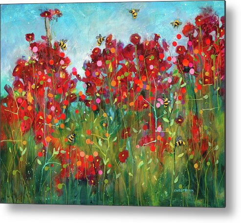 Artwork Metal Print featuring the painting Bumblebees and Poppies by Cynthia Westbrook