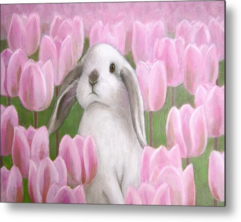 Bunny With Tulips Metal Print featuring the painting Bunny with Tulips by Kazumi Whitemoon