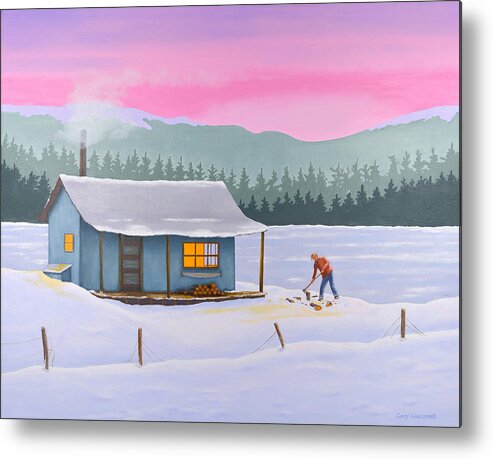 Cabin Lake Wolves Chopping Wood Cold Warm Winter Sunset Aurora Snow Snowdrift Metal Print featuring the painting Cabin on a frozen lake by Gary Giacomelli