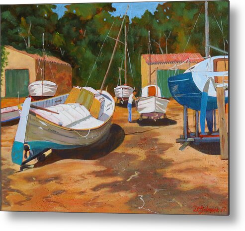 Mallorca Metal Print featuring the painting Cala figuera Boatyard - I by David Gilmore