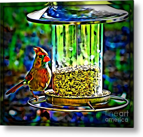 Bird Metal Print featuring the photograph Cardinal At Feeder by Leslie Revels