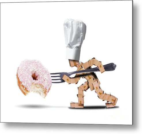 Kitchen Metal Print featuring the digital art Chef box character attacking a large donut by Simon Bratt