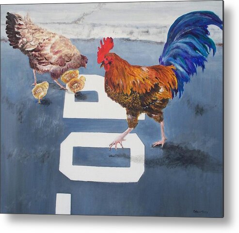 Rooster Metal Print featuring the painting Chicken Crossing by Celene Terry