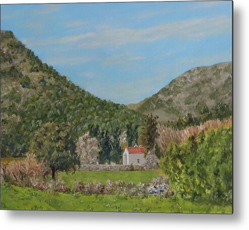 Landscape Metal Print featuring the painting Church at Gonias, Askyfou Plateau, Crete by David Capon