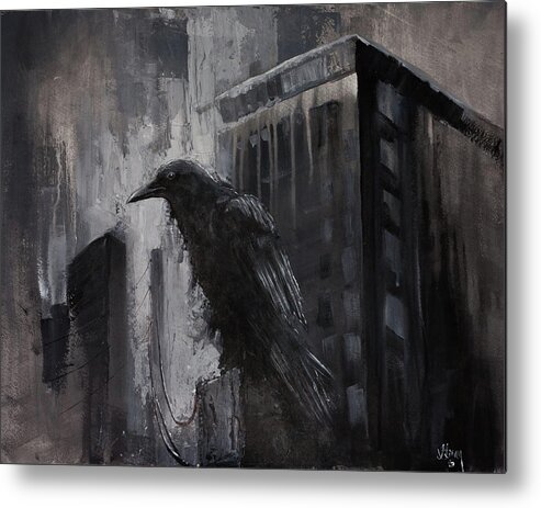 Edgar Alan Poe Metal Print featuring the painting City Dweller Raven Dark Gothic Crow Wall Art by Gray Artus