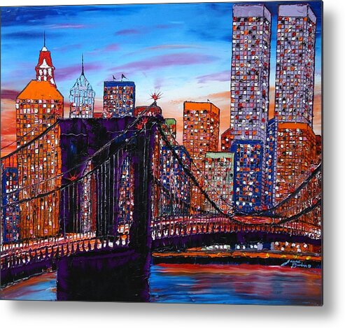 Metal Print featuring the painting City Lights Over Brooklyn Bridge Twin Towers by James Dunbar