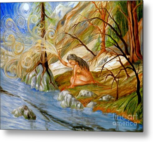 Female Woman Landscape River Trees Forest Rocks Sky Moon Light Shadow Surrealistic Branches Roots Blue White Orange Green Yellow Brown Black Grey Swirls Symbolic Metal Print featuring the painting Clay Woman by Ida Eriksen