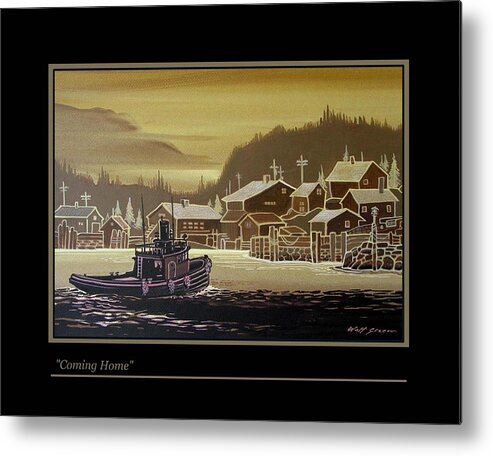 Seascape Tugboat At Northern Fishing Village Metal Print featuring the painting Coming Home by Walt Green