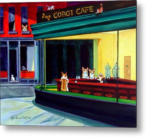 Pembroke Welsh Corgi Metal Print featuring the painting Corgi Cafe after Hopper by Lyn Cook