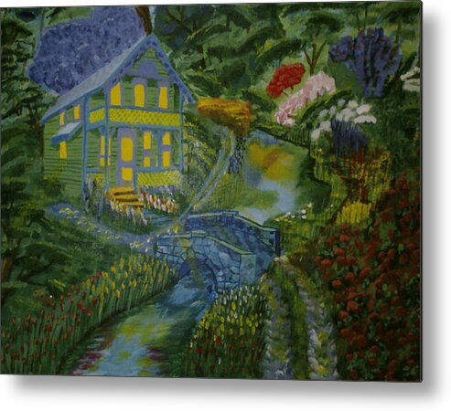 Stream Metal Print featuring the painting Cottage by the stream by David Bigelow