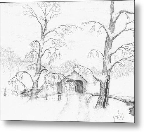 Realistic Drawing Metal Print featuring the drawing Covered Bridge by Dan Theisen