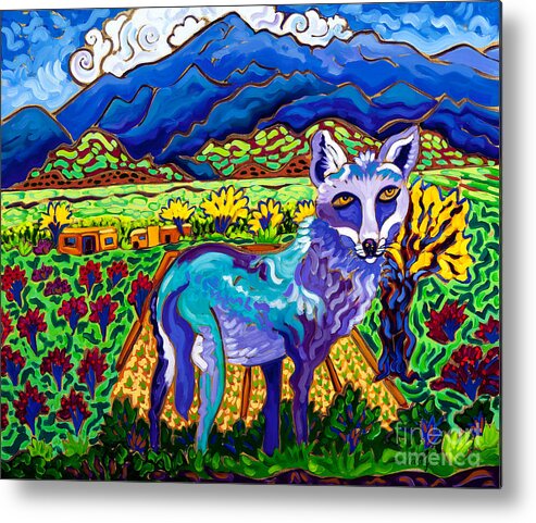 Santa Fe Metal Print featuring the painting Coyote Coat of Many Colors by Cathy Carey