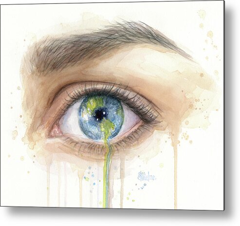 Crying Metal Print featuring the painting Earth in the Eye Crying Planet by Olga Shvartsur