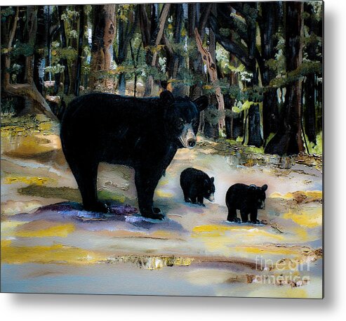 Black Bears Metal Print featuring the painting Cubs with Momma Bear - Dreamy version - Black Bears by Jan Dappen