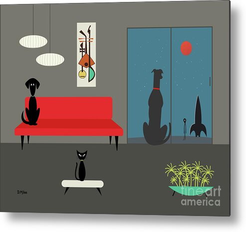 Mid Century Modern Metal Print featuring the digital art Dog Spies Alien Gray Room by Donna Mibus