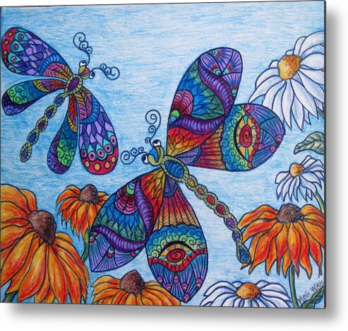 Dragonflies Metal Print featuring the drawing Dragons on the wing by Megan Walsh