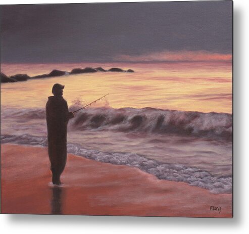 Fishing; Fisherman; Ocean; Sunrise; Sand; Serenity; Contemplation; Water Metal Print featuring the painting Early Morning Solace by Marg Wolf