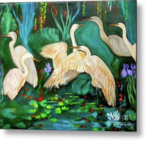 Lotus Metal Print featuring the painting Egrets on Lotus Pond by Jenny Lee
