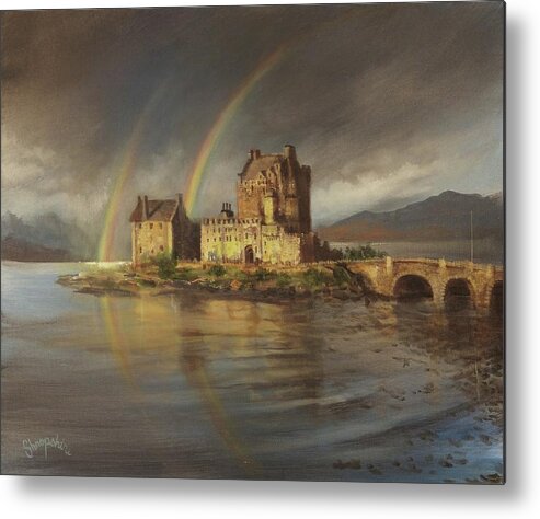 Eilean Donan Castle; Scotland; Rainbow; Tom Shropshire Painting; Scottish Castle Metal Print featuring the painting Eilean Donans Rainbows by Tom Shropshire
