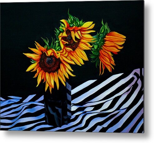 Endless Summer Sunflowers Black Vase Black And White Striped Cloth Metal Print featuring the painting Endless Summer by Susan Duda