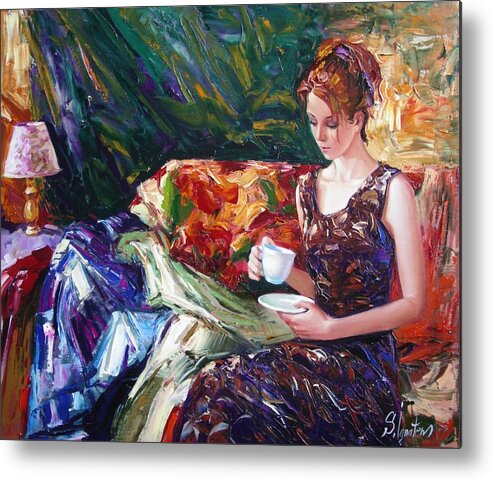 Figurative Metal Print featuring the painting Evening coffee by Sergey Ignatenko
