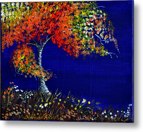 This Is An Acrylic Painting Of A Tree During A Wind Storm. The Strong Wind Is Causing The Tree And Limbs To Bend. The Grass Below And Flowers Are Also Bending Due To The Wind. I Used Many Bright Color's For The Leaves Of The Tree. The Color's I Selected Were Bright And Different Values. I Wanted To Create A Contrast Between The Leaves On The Tree. I Used A Bright Blue Color For A Great Contrast With The Tree And The Wild Flowers. This Is A Very Affordable Gift And Would Fit Any Decor. Metal Print featuring the painting Fall Color's by Martin Schmidt