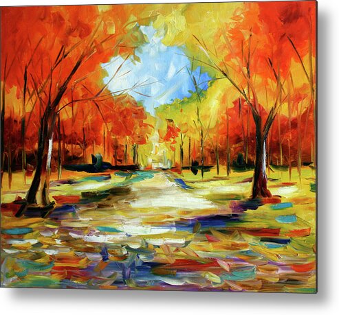 Landscape Painting Of Fall Trees Metal Print featuring the painting Fall Walk in the Trees by Laurie Pace