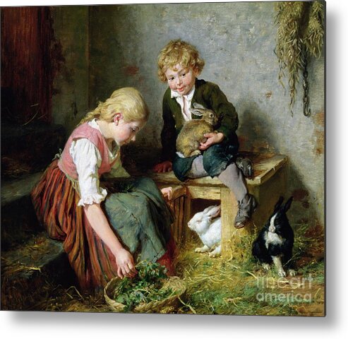Feeding Metal Print featuring the painting Feeding the Rabbits by Felix Schlesinger