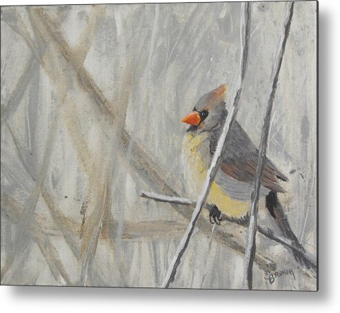 Nature Metal Print featuring the painting Female Cardinal taking a Break by Susan Bruner