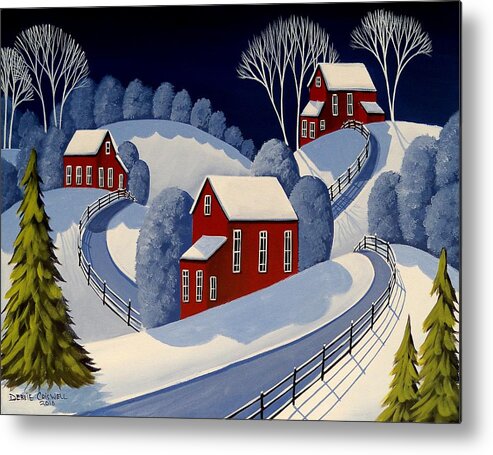 Winter Metal Print featuring the painting Fenced Roads - folk art winter landscape by Debbie Criswell
