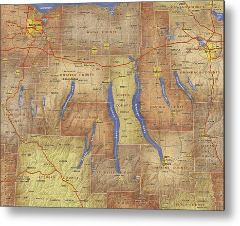 Finger Lakes Metal Print featuring the digital art Finger Lakes of New York Watercolor map by Paul Hein