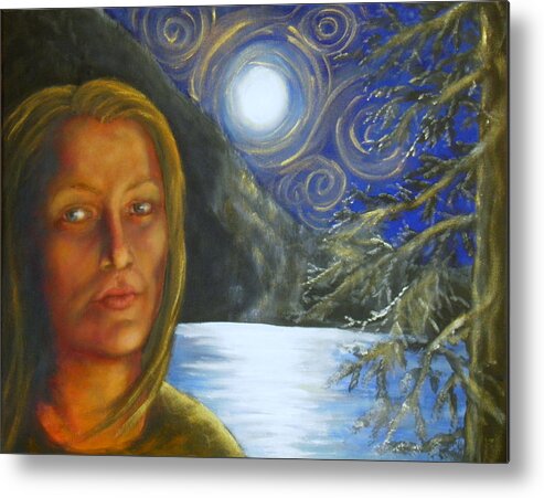 Moon Light Water Refection Tree Shadow Mountain Forests Trees Landscape Nature Starry Night Blue White Gold Orange Brown Black Green Yellow Woman Face Eyes Nose Mouth Hair Windy Sky Metal Print featuring the painting Fire Woman by Ida Eriksen