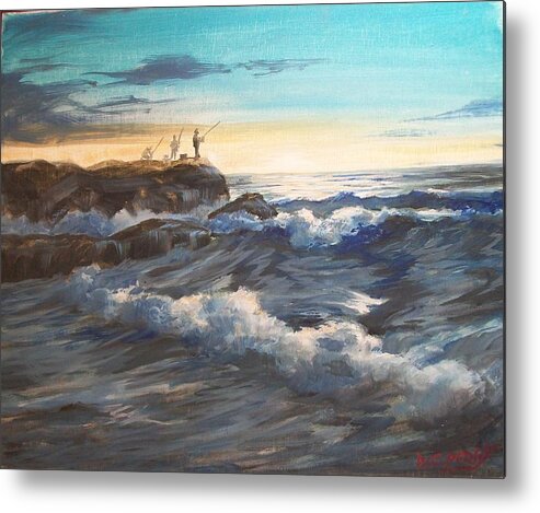Impressionistic Metal Print featuring the painting Fishing off Point Judith R.I. by Perry's Fine Art