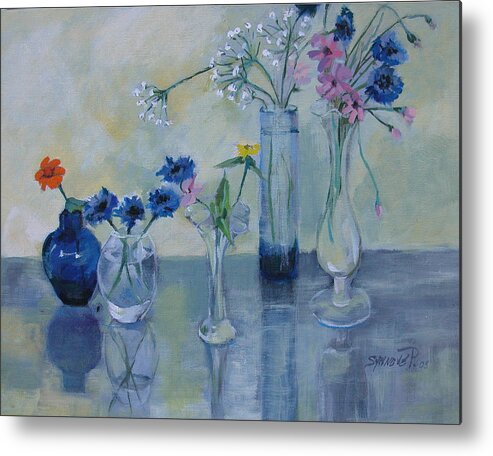 Floral Metal Print featuring the painting Five Vases by Synnove Pettersen