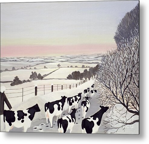 Fence Metal Print featuring the painting Friesians in Winter by Maggie Rowe
