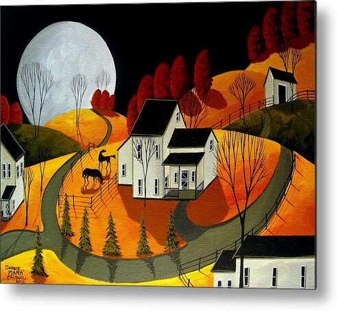 Landscape Metal Print featuring the painting Frisky Autumn Eve - a folkartmama - folk art by Debbie Criswell